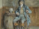 un tableau représentant un homme assis sur une chaise à côté d'un tonneau