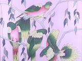 painting of a group of birds perched on a branch of a tree