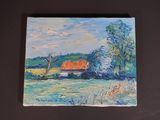 une photo d'un tableau représentant une maison dans un champ