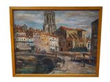 une image d'une peinture d'une ville au bord de l'eau