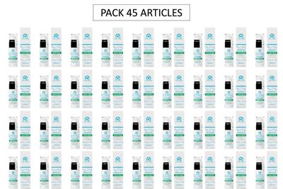 emballer 45 articles sur fond blanc avec des étiquettes noires et blanches