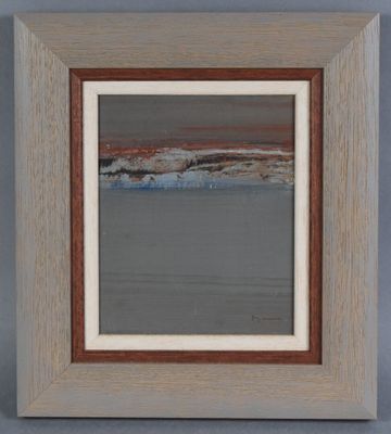 an oil painting of a beach scene in a wooden frame
