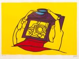 an image of a painting of a person holding a camera