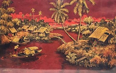 une photo d'un tableau représentant un village au bord de l'eau