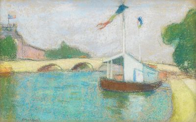 painting of a boat in a body of water next to a beach