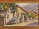 an oil painting of a street scene with steps leading up to a building