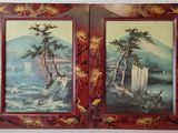 painting of a landscape with a waterfall and a waterfall in a red frame