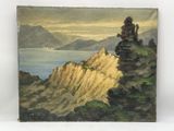 une peinture à l'huile représentant un homme assis au sommet d'une montagne, surplombant un plan d'eau