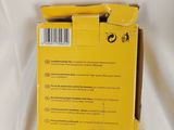 packaging of a yellow box with a black and white sticker on it