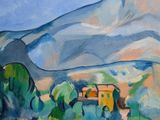 an oil painting of a mountain scene with a house in the distance