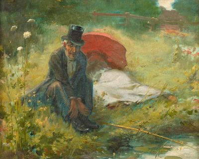 un tableau représentant une femme assise dans un champ, un parapluie à la main