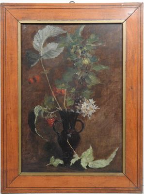 peinture représentant un vase de fleurs, avec des feuilles et des baies, posé sur une table