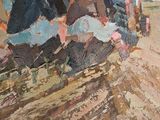 a painting of a man riding a tractor in the dirt