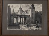 an old picture of a building with a clock tower in the middle of it