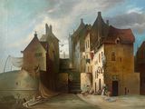 un tableau représentant une scène de rue avec un château en arrière-plan