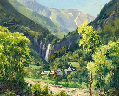 painting of a valley with a waterfall in the distance and a house in the foreground