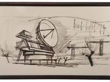 drawing of a drawing of a clock and a building in a frame