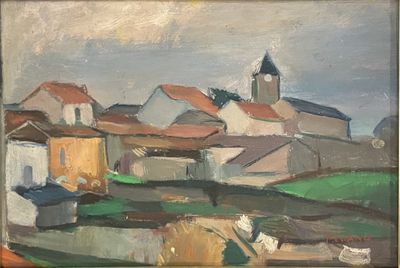 an oil painting of a village with a church in the background