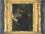 tableau représentant un homme en train de lire un livre, dans un cadre doré