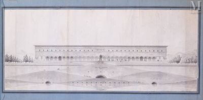 an old drawing of a building with a fountain in front of it