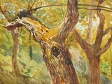 a watercolor painting of a tree with a bird perched on it