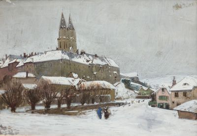 une image représentant un tableau d'une ville enneigée avec une église en arrière-plan