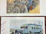 two postcards with pictures of a train and a man