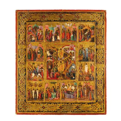 un tableau représentant un grand groupe de personnes, dans un cadre doré et rouge