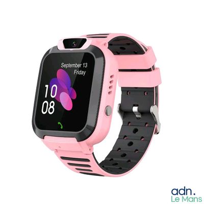 une photo d'une montre connectée rose avec un bracelet noir