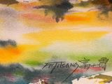 a watercolor painting of a person on a surfboard in the ocean