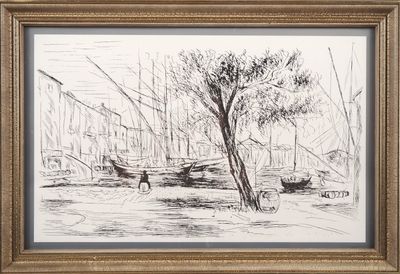 dessin représentant un bateau dans un port, avec un arbre au premier plan