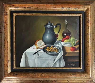 une peinture à l'huile représentant une théière et une assiette de nourriture posées sur une table