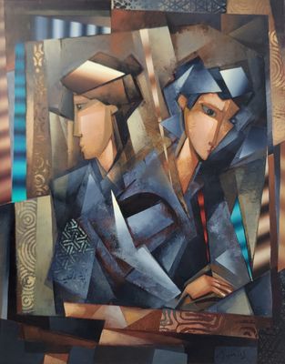 tableau représentant deux femmes coiffées de chapeaux et tenant un couteau devant un immeuble