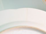 a close up of a white toilet with a blue seat