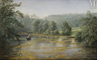 a painting of a man in a boat on a river