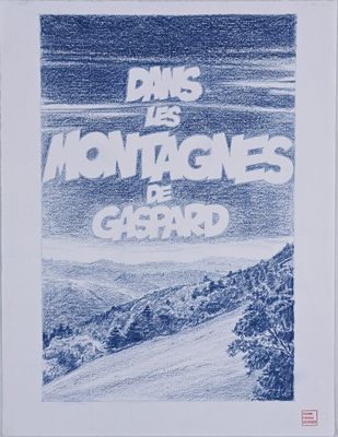 an image of a blue and white poster with a mountain in the background