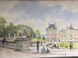 a watercolor painting of a large building with a fountain in front of it