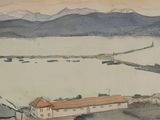 a watercolor painting of a view of a harbor and mountains