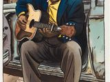 painting of a man sitting in a car playing a guitar