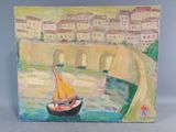une peinture représentant un petit bateau sur l'eau