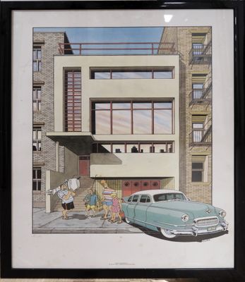 painting of a car parked in front of a building on a city street