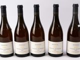 six bouteilles de vin sont alignées sur une surface blanche
