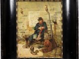 an image of a painting of a man sitting on a bench with a dog