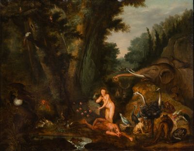 une image d'un tableau représentant un homme et une femme dans un cadre boisé