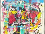 peinture abstraite représentant des formes et des couleurs variées sur un fond blanc