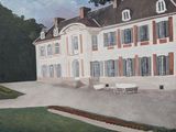une peinture représentant un bâtiment devant lequel se trouve un banc