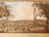 un vieux tableau représentant une vue d'une ville avec une tour horloge