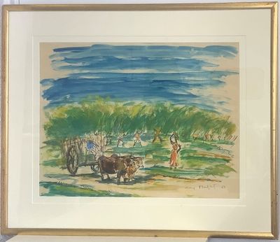 une photo d'un tableau représentant un homme et une vache dans un champ