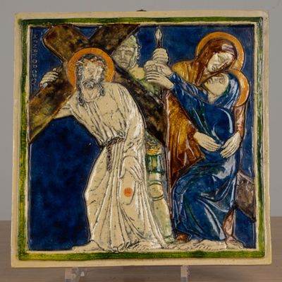 an image of a painting of jesus carrying the cross to a woman