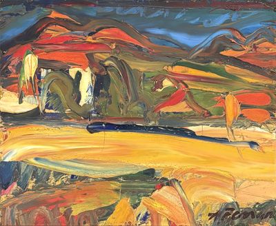 an image of a painting of a landscape with mountains in the background